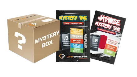 Mystery box packaging with mystery bag products, featuring various card packs and promotional details.