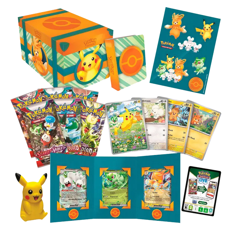 Pokémon Paldean Adventure Chest features promo cards, booster packs, tech stickers, mini portfolio, and a squishy Pikachu toy.