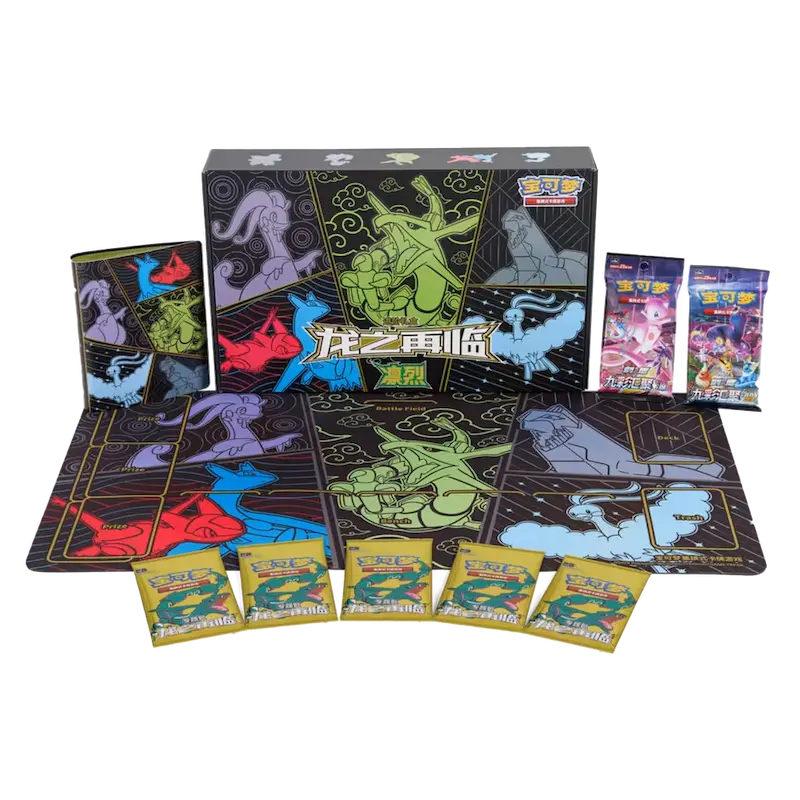 Return of the Dragon gift box featuring Rayquaza, playmat, binder, and Pokemon TCG booster packs.