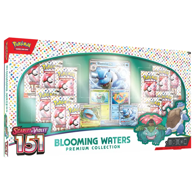 Pokémon Scarlet & Violet 151 Blooming Waters Premium Collection with Blastoise & Venusaur cards.