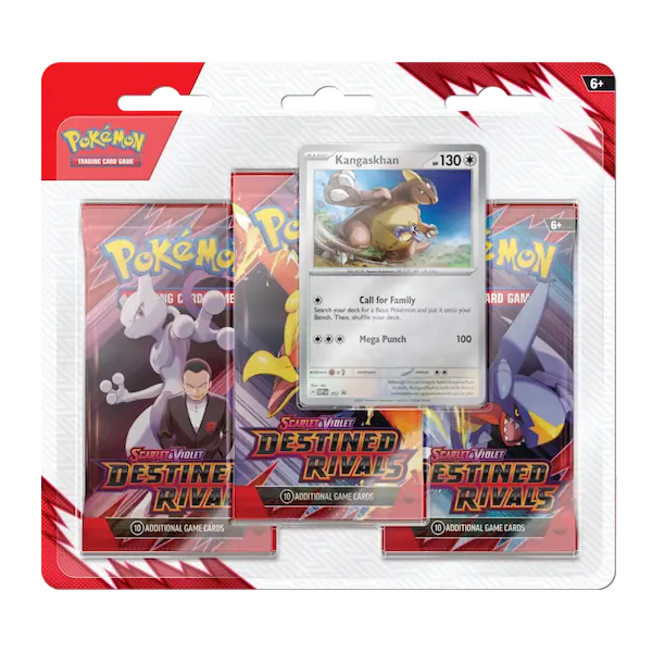 Destined Rivals 3-Pack blister featuring Kangaskhan card and three Pokémon Scarlet & Violet booster packs.