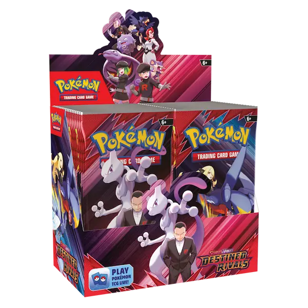 Pokémon Destined Rivals Booster Box featuring Team Rocket and iconic Pokémon characters from Scarlet & Violet.