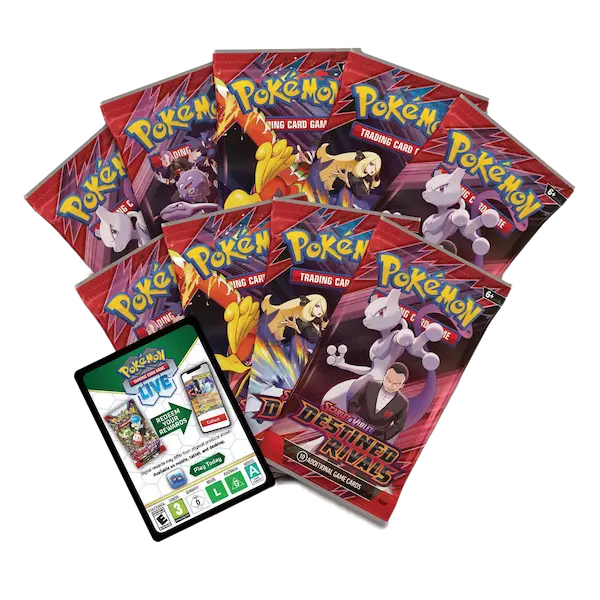Pokémon Destined Rivals Elite Trainer Box featuring 9 booster packs from Scarlet & Violet SV10 set.