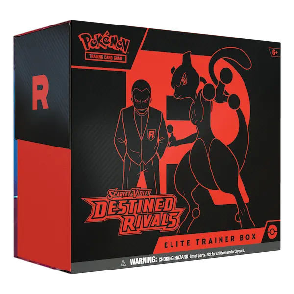 Pokémon Destined Rivals Elite Trainer Box with Mewtwo and Team Rocket design, featuring Scarlet & Violet booster packs.