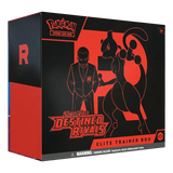 Pokémon Destined Rivals Elite Trainer Box with Mewtwo and Team Rocket design, featuring Scarlet & Violet booster packs.