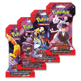 Four Pokémon Destined Rivals Sleeved Booster packs featuring iconic characters from the Scarlet & Violet SV10 set.
