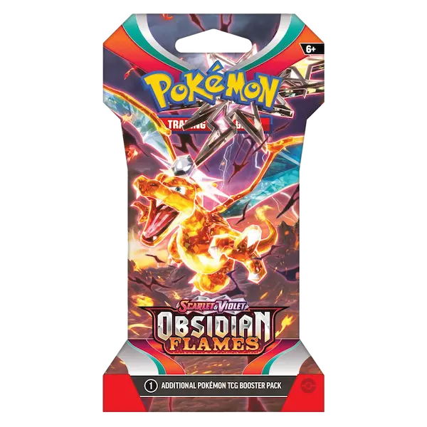 Pokémon SV03 Obsidian Flames booster pack featuring Charizard Ex and vibrant flames, perfect for trading card enthusiasts.