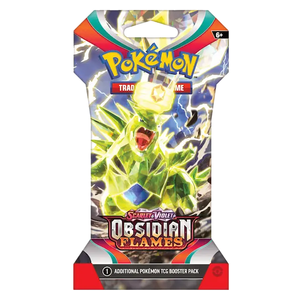 Pokémon TCG Obsidian Flames booster pack featuring vibrant artwork and Charizard Ex powers.