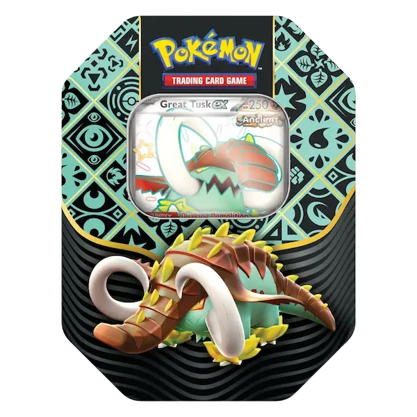 Great Tusk ex tin from Pokémon TCG Paldean Fates, showcasing Ancient Pokémon with vibrant design.