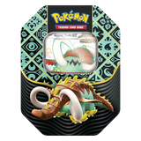 Great Tusk ex tin from Pokémon TCG Paldean Fates, showcasing Ancient Pokémon with vibrant design.