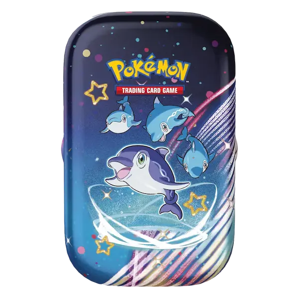 Paldean Fates Mini Tin featuring playful dolphin Pokémon, part of Pokémon TCG collection, vibrant design with stars.
