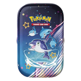 Paldean Fates Mini Tin featuring playful dolphin Pokémon, part of Pokémon TCG collection, vibrant design with stars.