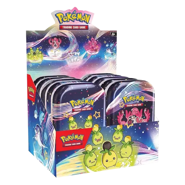 Paldean Fates Mini Tin Display showcasing Shiny Pokémon from Pokémon TCG, featuring vibrant artwork and collectibles.