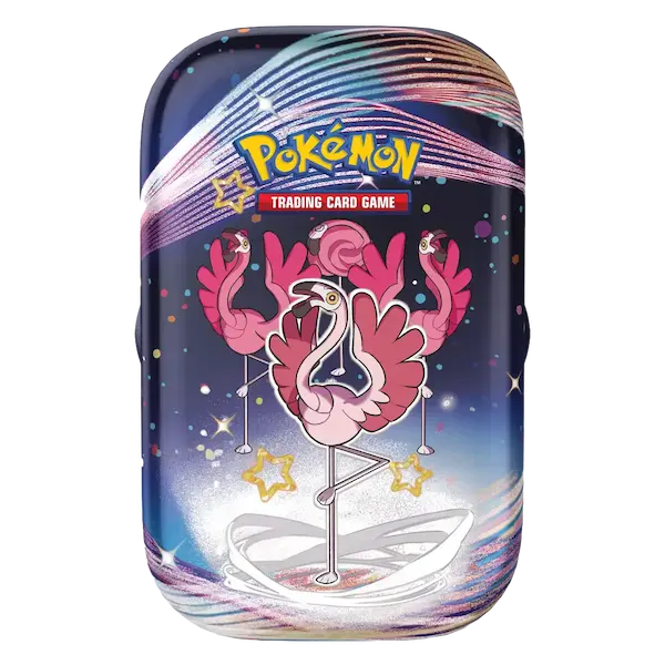 Paldean Fates Mini Tin featuring colorful flamingos, Pokémon logo, and starry design for Pokémon SV04.5.