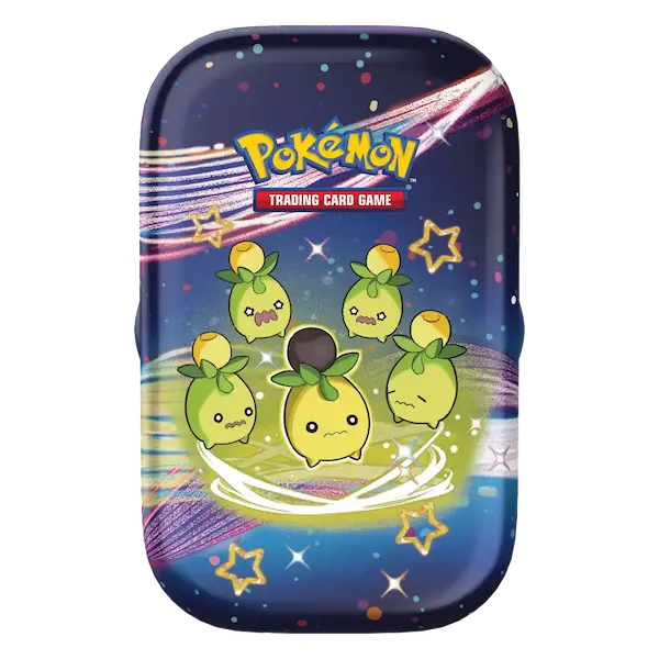 Pokémon Paldean Fates Mini Tin featuring adorable Shiny Pokémon illustrations for the Trading Card Game.