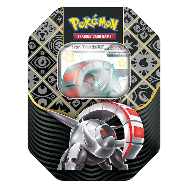 Pokémon TCG Paldean Fates EX Tin featuring Iron Treads, showcasing future Pokémon with shiny design.