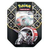 Pokémon TCG Paldean Fates EX Tin featuring Iron Treads, showcasing future Pokémon with shiny design.
