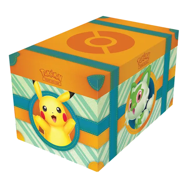 Pokémon Paldean Adventure Chest featuring Pikachu and Sprigatito design, perfect for trainers and collectors.