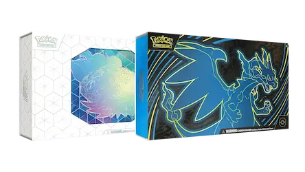 Two Pokémon trading card boxes, featuring a holographic design and a blue dragon illustration.