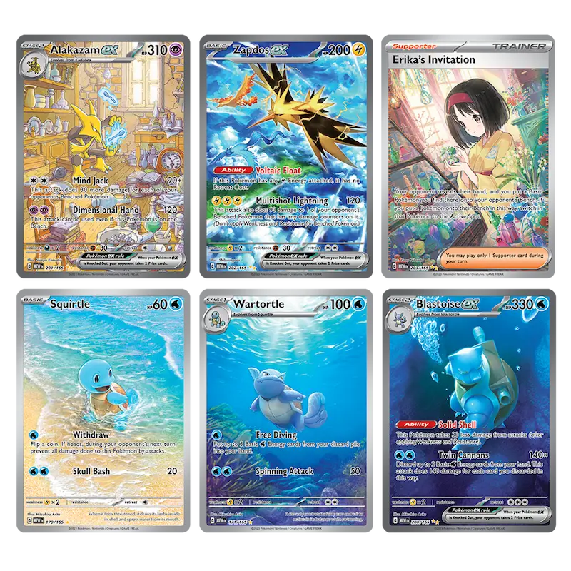Pokémon 151 Booster Bundle foil promo cards featuring Alakazam, Zapdos, Erika's Invitation, Squirtle, Wartotle, and Blastoise.