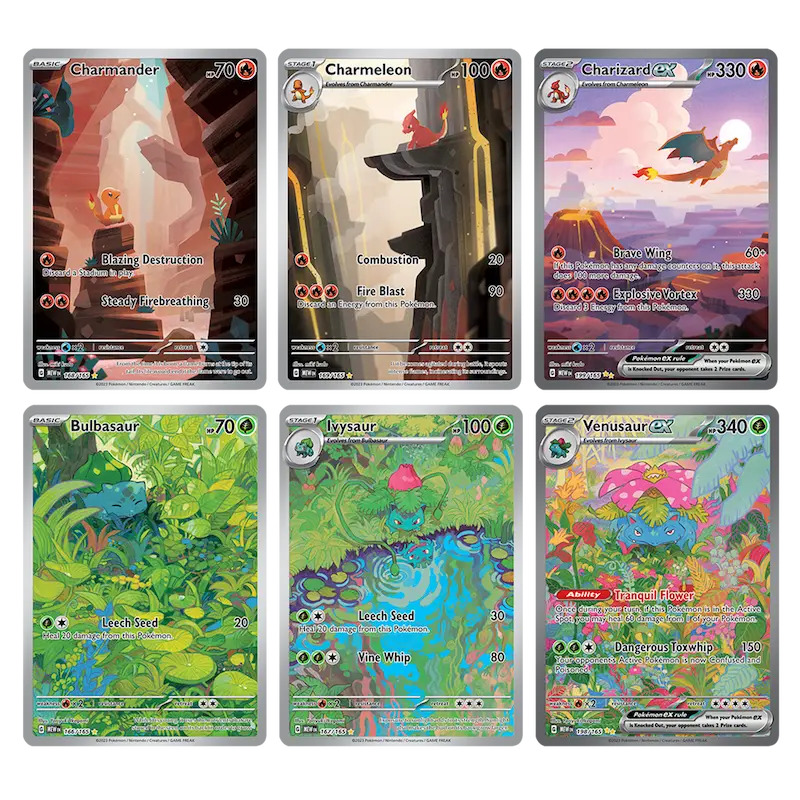 Foil Pokémon cards featuring Charizard, Charmander, Bulbasaur, Ivysaur, and Venusaur from the 151 Booster Bundle.