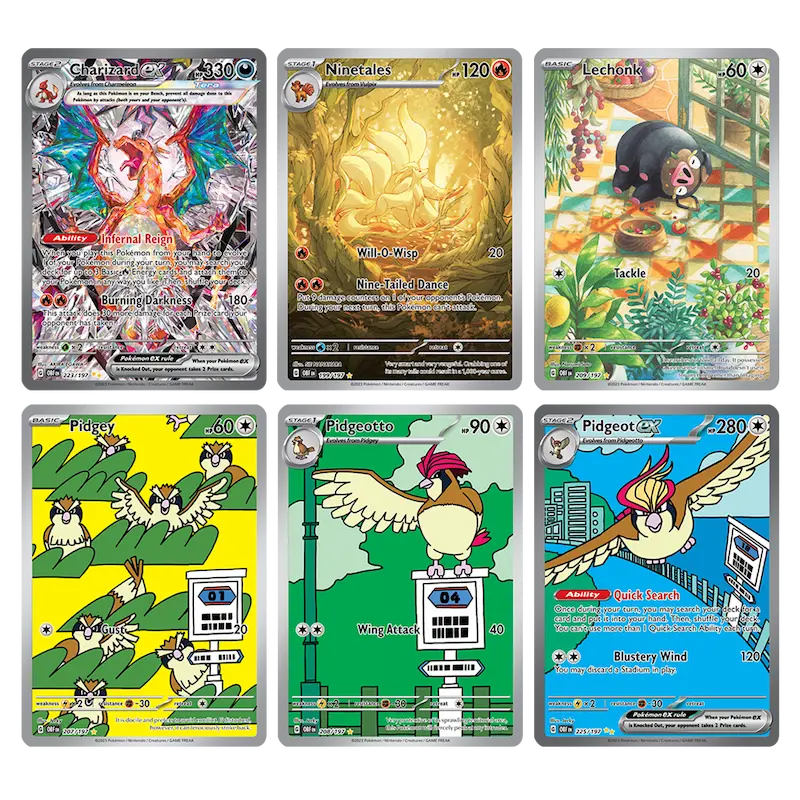 Pokémon cards from Obsidian Flames booster box featuring Charizard, Ninetales, Lechonk, and Pidgeot line-up.