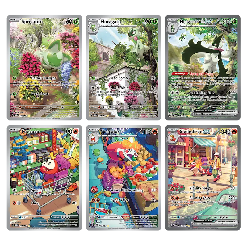 Collection of Pokémon cards from SV02 Paldea Evolved featuring Sprigatito, Floragato, and Meowscarada ex.
