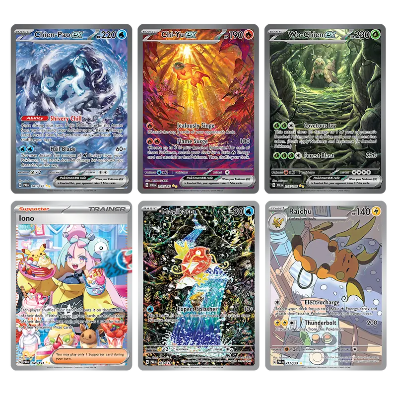 Pokémon TCG cards featuring Chien-Pao ex, Chien-Tao ex, Wei-Chien ex, Iono, and Raichu from Paldea Evolved set.