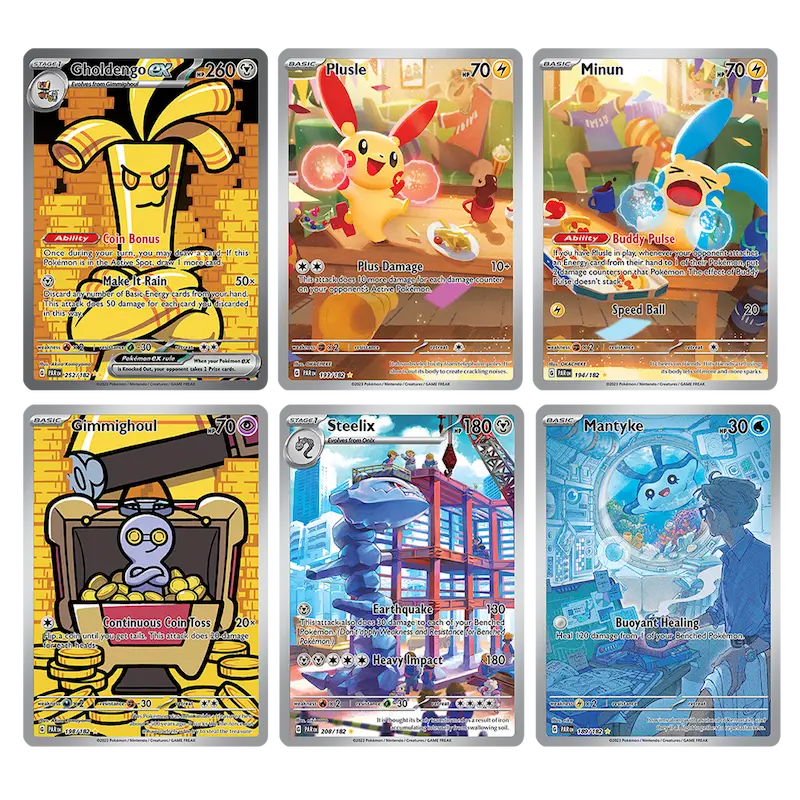 Pokémon trading cards featuring Gholdengo ex, Plusle, Minun, Grimmsnarl, Steelix, and Mantyke.