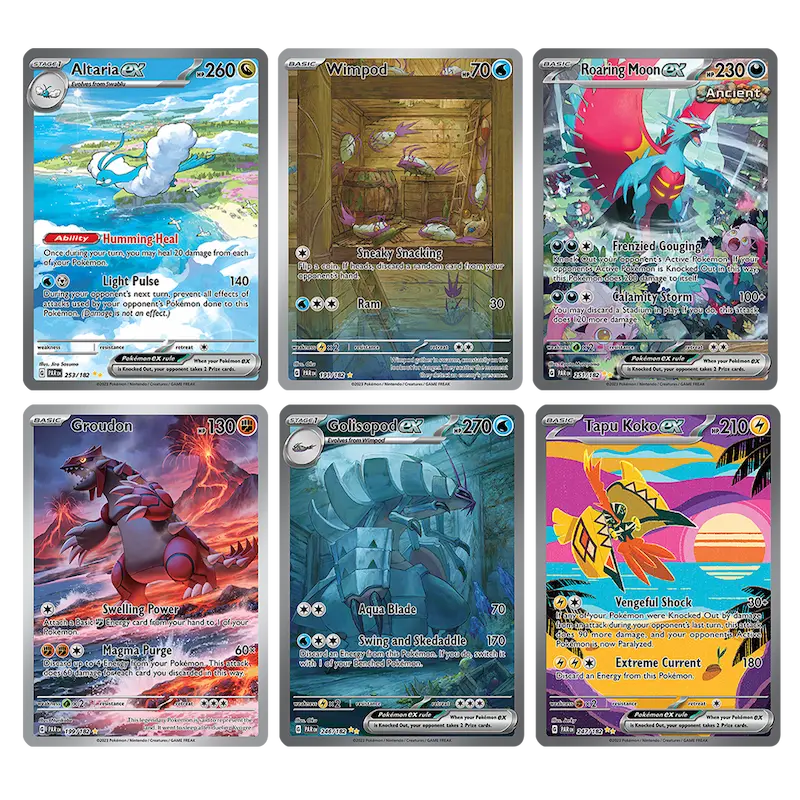 Colorful Pokémon cards featuring Altaria, Wimpod, Roaring Moon, Groudon, Galactic and Tapu Koko from Paradox Rift!