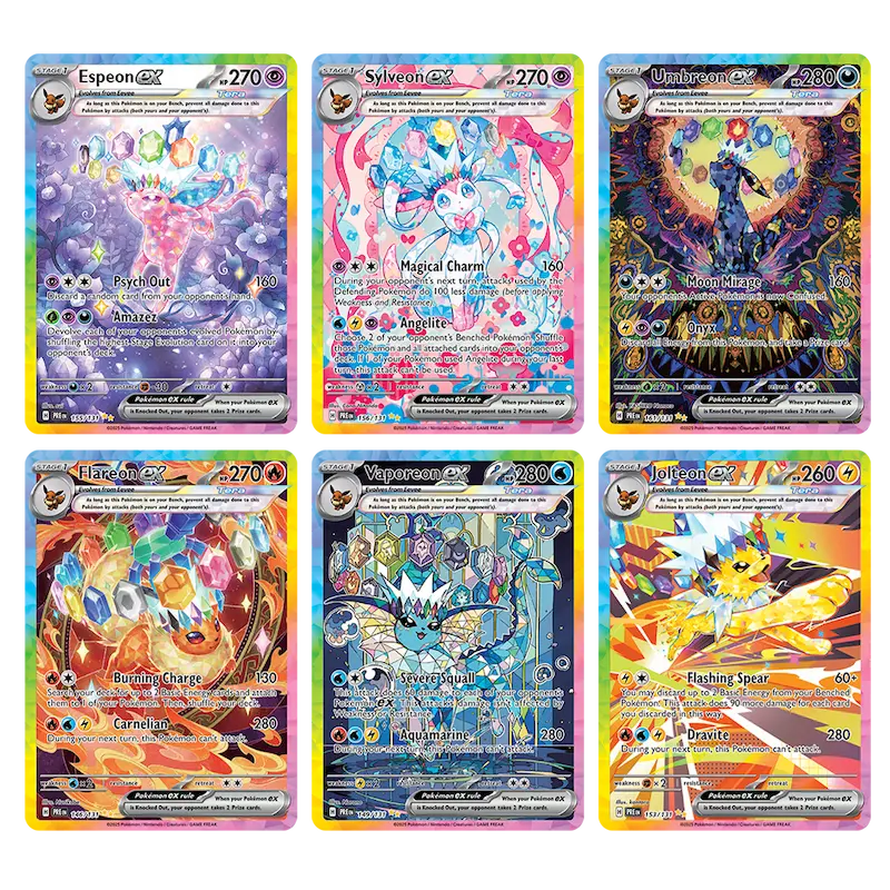 Colorful Pokémon cards featuring Eevee's evolutions: Espeon, Sylveon, Umbreon, Flareon, Vaporeon, and Jolteon.