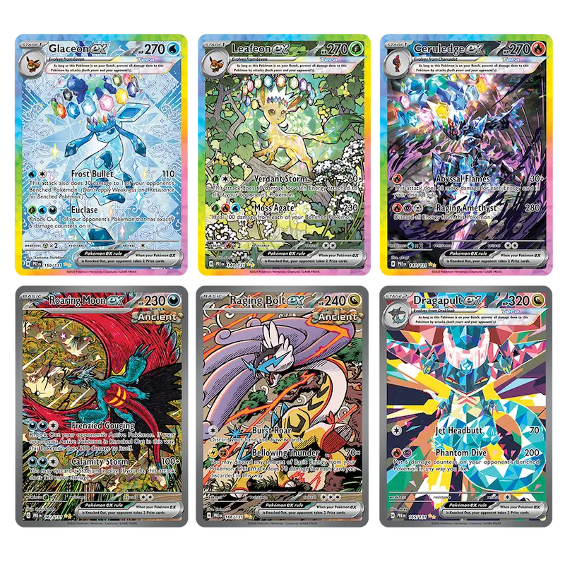 6 featured Pokémon cards from Prismatic Evolutions: Glaceon, Luricolo, Garbodor, Raikou, and Dragapult.