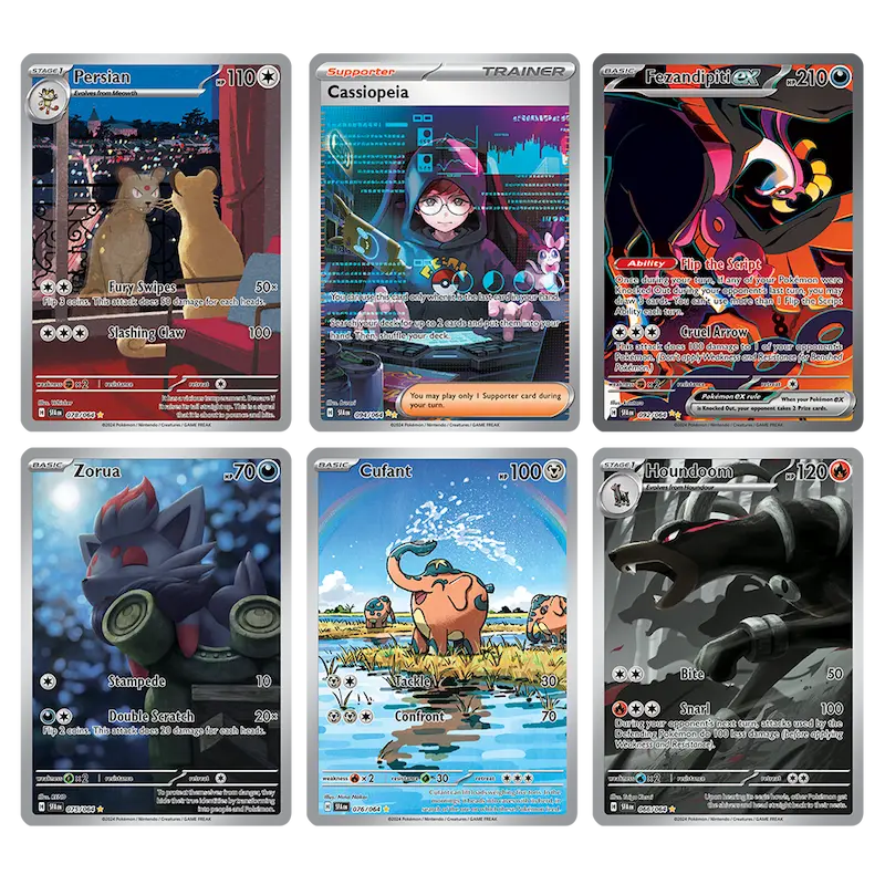Collection of Pokémon cards: Persian, Cassiopeia, Fizzyandipod EX, Zorua, Culant, and Mewtwodon from Shrouded Fable.