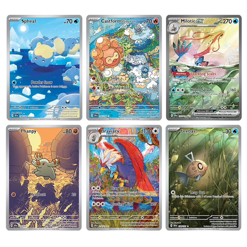 Collection of six Pokémon cards from Surging Sparks set, featuring Spheal, Castform, Milotic EX, Phanpy, Braviary, and Feebas.