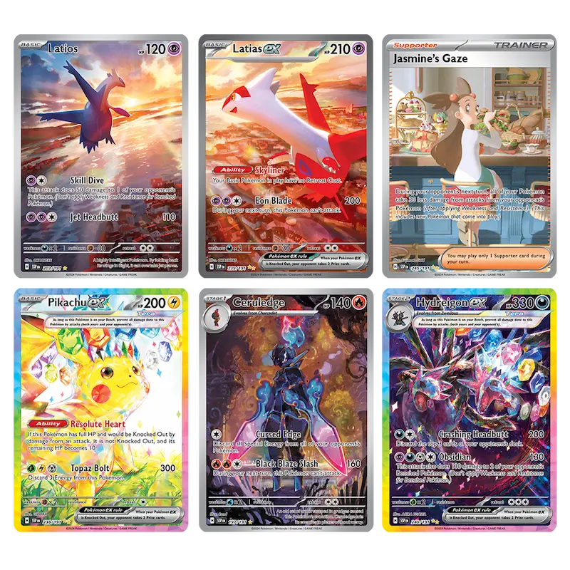 Collection of Surging Sparks Pokémon cards featuring Latios, Jasmine's Gaze, Pikachu, Carridigo, and Hydreigon EX.