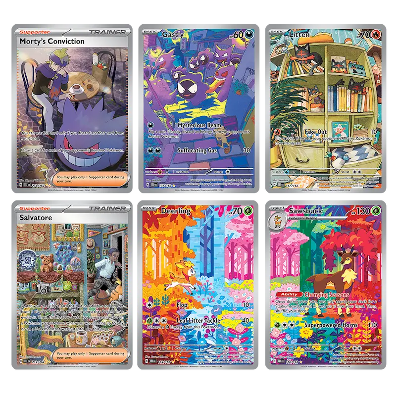 Pokémon cards featuring Morty's Conviction, Gasly, Kitten, Salvatore, Deerling, and Sawsbuck from SV05 Temporal Forces.