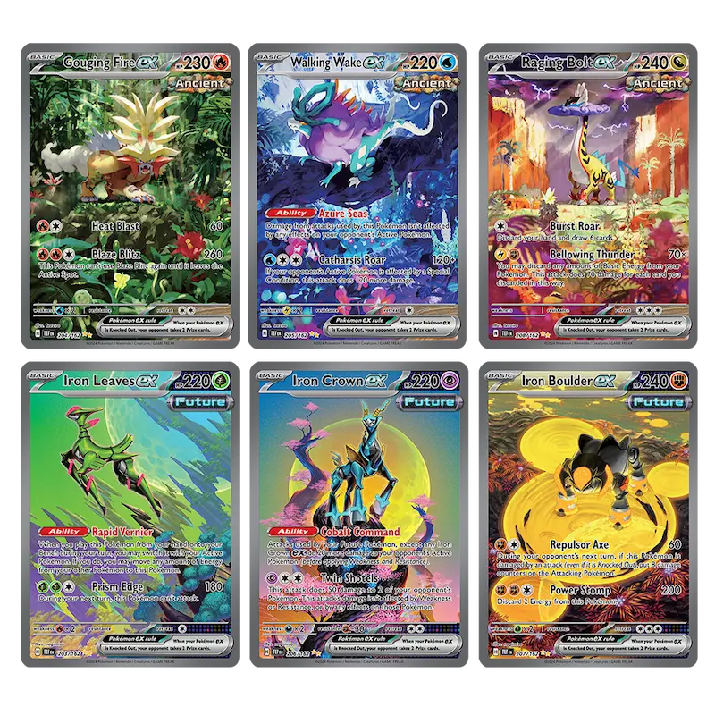 Pokémon SV05 Temporal Forces cards featuring Giggling Fire, Waking Wake, Raging Bolt, Iron Leaves, Iron Crown, and Iron Boulder.