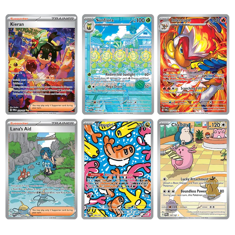 Collection of Pokémon cards including Kieran, Sunflora, Infernape, Lana's Aid, Togetic, and Chansey from Twilight Masquerade.