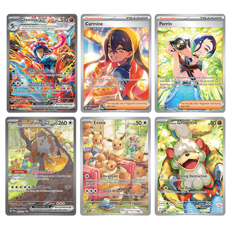 Collection of Pokémon cards featuring Greninja, Carmine, Perrin, Urshifu, Eevee, and Growlithe from Twilight Masquerade.