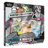 Pokémon Black Bolt & White Flare poster collection featuring booster packs and illustrations from generation 5.