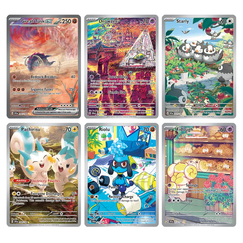 Pokémon cards from the Scarlet & Violet Booster Box featuring Great Tusk, Drowzee, Starly, Pachirisu, Riolu, and Fidough.