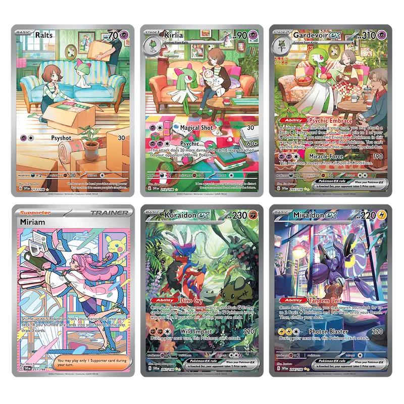 Collectible cards from Pokémon Scarlet & Violet SV01: Ralts, Kirlia, Gardevoir, Miriam Trainer, Koraidon EX, Miradon EX.