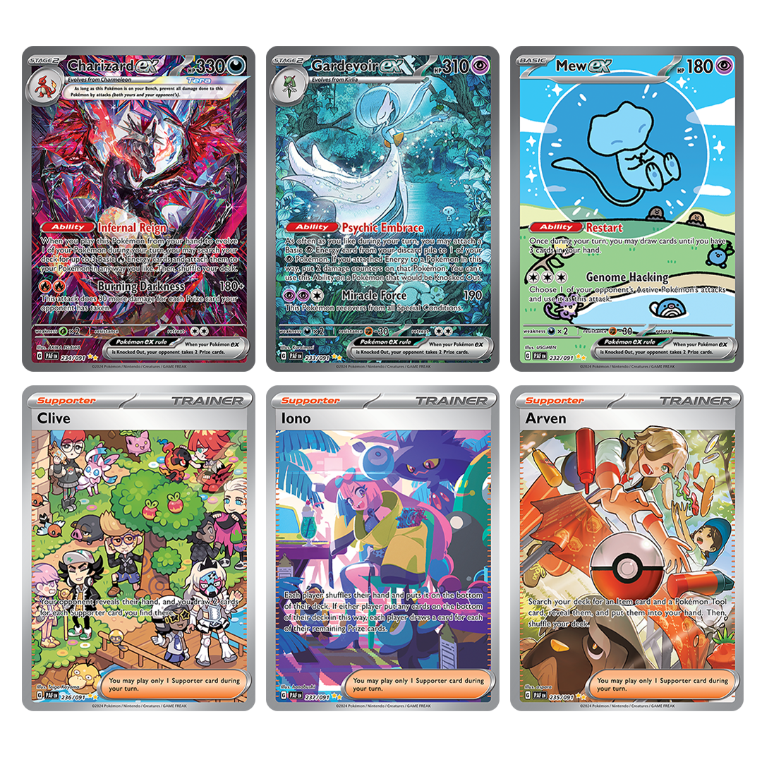 Colorful Pokémon cards featuring Charizard, Gardevoir, Mew ex, and Trainers Clive, Iono, and Arven from Paldean Fates.