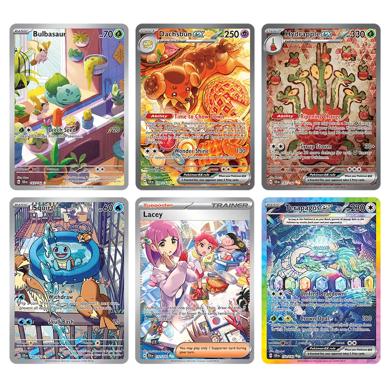 Six Pokémon cards featuring Bulbasaur, Dachsbun EX, Hydrappal EX, Squirtle, Lacey Trainer, and Tsunapoky EX from SV07.