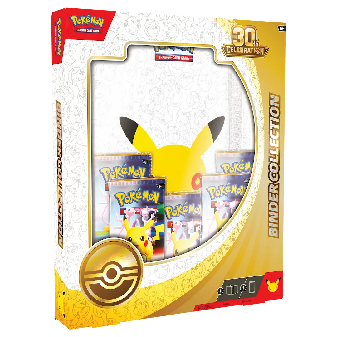 30th Celebration Binder Collection featuring Pokémon cards and Pikachu design, perfect for organizing your collection.