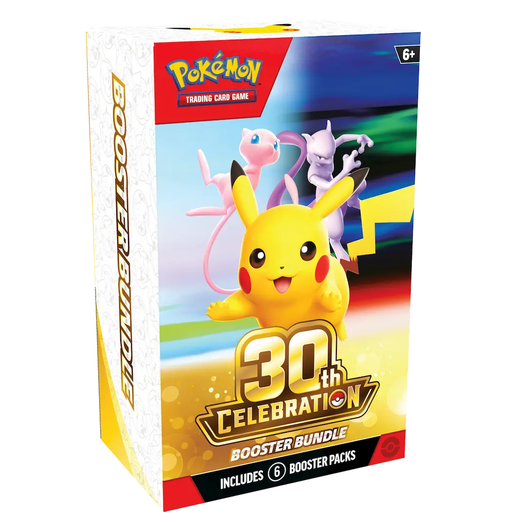 30th Celebration Booster Bundle with Pikachu, Mewtwo, and Mew packaging design.