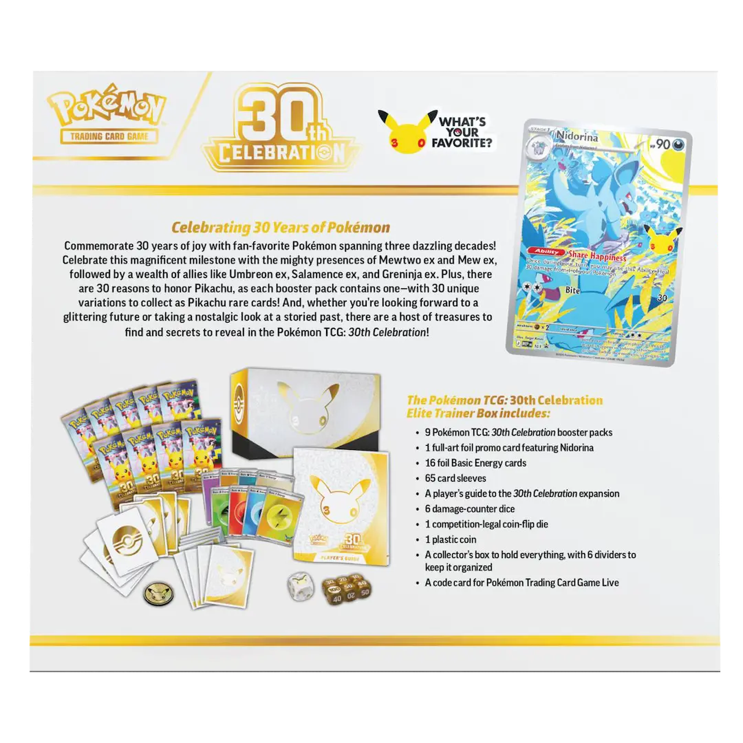 30th Celebration Elite Trainer Box showcasing Pokémon cards and collector's items for Pokémon TCG 30th anniversary.