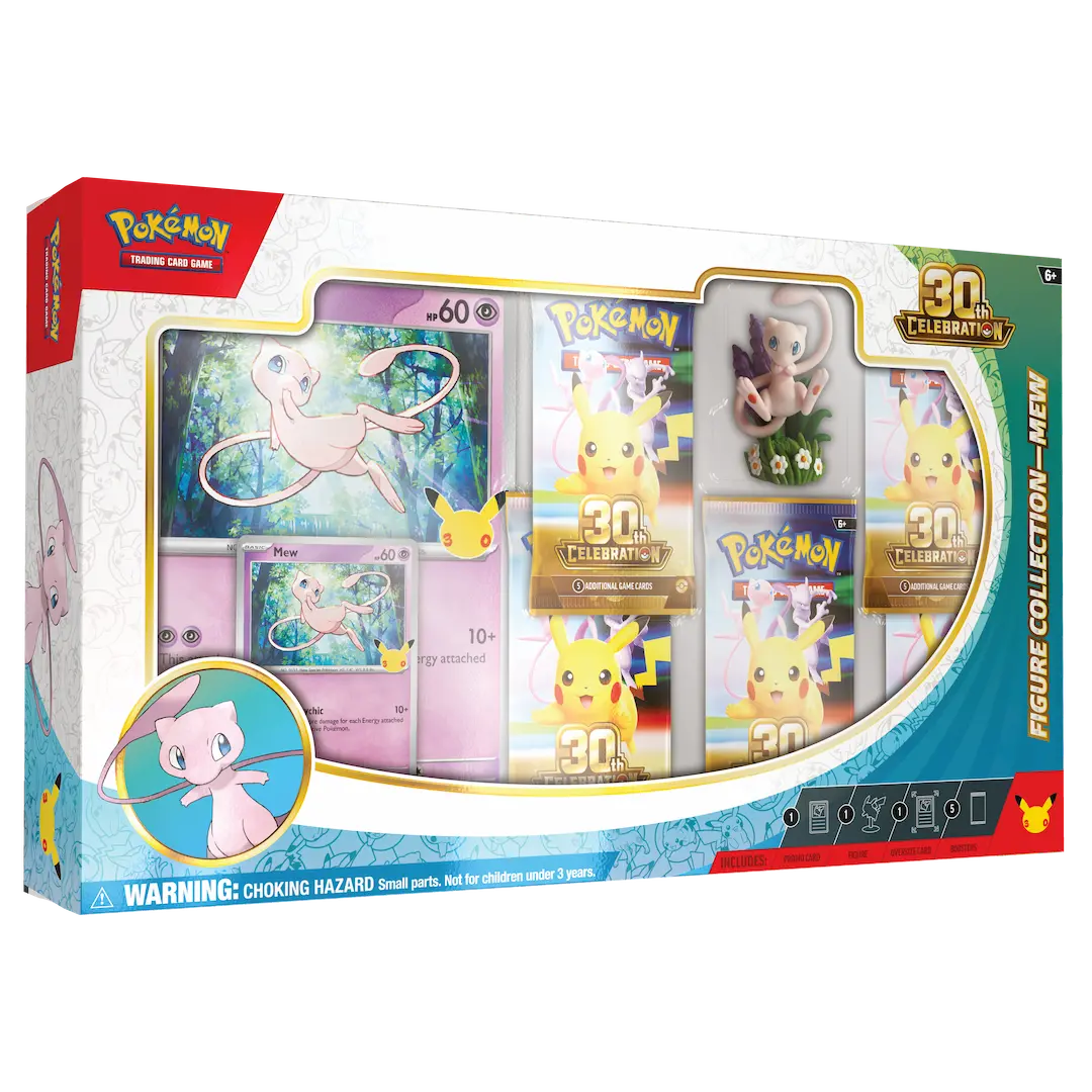 30th Celebration Mew Figure Collection featuring Mew and Pikachu cards in a beautifully designed box.