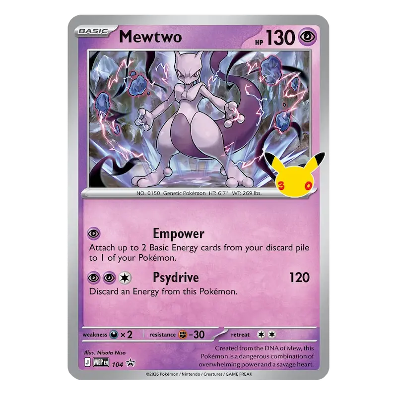 30th Celebration Mewtwo Figure Collection featuring Mewtwo card with attack details and beautiful artwork.