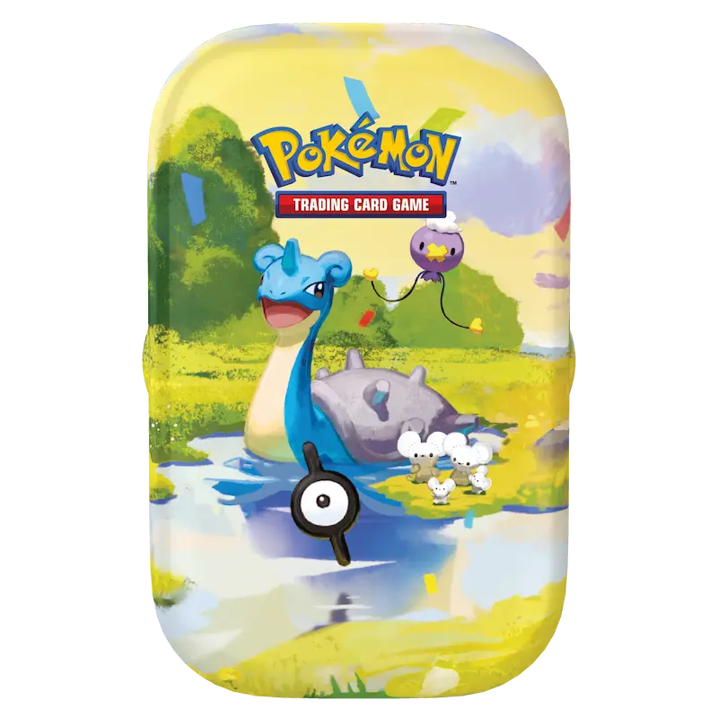 30th Celebration Mini Tin featuring Pokémon characters in a scenic landscape with colorful confetti.
